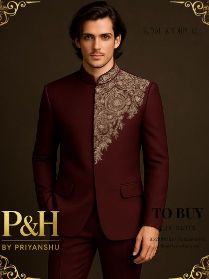 A close-up portrait of the wine maroon Jodhpuri, allowing a detailed look at the handcrafted golden embroidery.