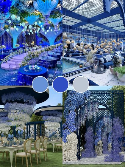 A dreamy and serene wedding mood board in shades of blue. From royal blue to dusty periwinkle, this palette is perfect for a coastal wedding or a unique 'something blue' theme.