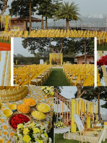 A collage of the vibrant yellow decor of a Haldi ceremony, from the seating arrangement to the trays of turmeric and flowers.