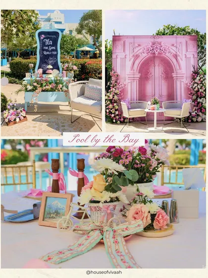 A "Pool by the Bay" theme, captured in a collage of pastel pinks, soft blues, and whimsical details like floral-adorned chalkboards and elegant poolside seating.