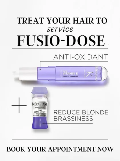Banish brassiness with a custom Kérastase Fusio-Dose treatment. This formula is specifically designed to provide antioxidant benefits and reduce unwanted yellow tones in blonde or highlighted hair.