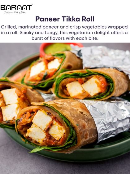 Our Paneer Tikka Roll features grilled, marinated paneer and crisp vegetables wrapped in a soft roll for a smoky and tangy vegetarian delight.