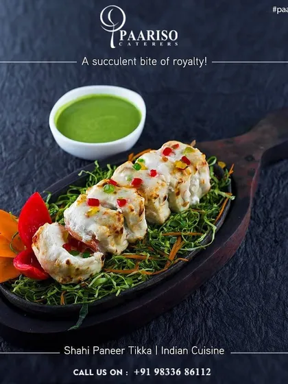 Our Shahi Paneer Tikka offers a succulent bite of royalty. Marinated in a creamy, mild sauce and delicately grilled, it's a sophisticated starter for any upscale event.