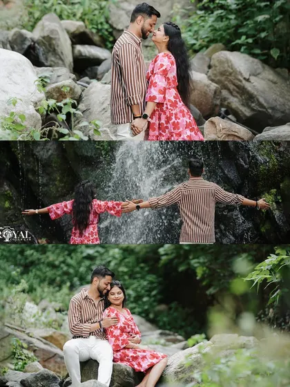 A three-panel story of a couple's romantic escape to a waterfall, capturing their embrace and shared moments.
