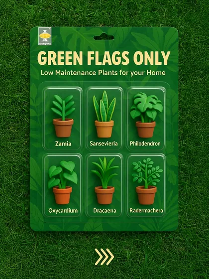 We call these our "Green Flags Only" plants. This fun graphic showcases our collection of low-maintenance houseplants, perfect for anyone who wants a beautiful green space without the constant worry.