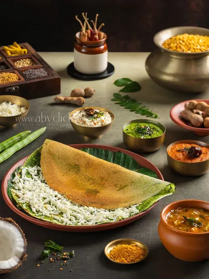 A modern take on a dosa, filled with cheese and styled with fresh ingredients. The shot is composed to highlight the beautiful textures and colors of the dish.