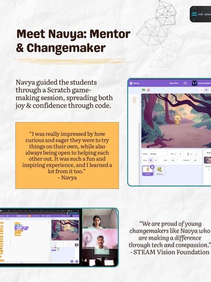 Navya, another one of our student mentors, guided learners through a Scratch game-making session. Her experience highlights the confidence and joy that comes from sharing knowledge through code.