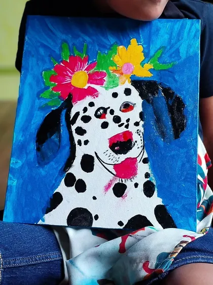 Just dog things. This adorable Dalmatian with a flower crown is a great example of the fun and whimsical paintings we create in our kids' classes.