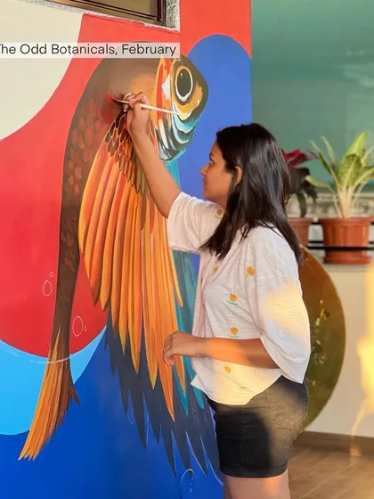 'The Odd Botanicals', a vibrant mural from my art yearbook featuring a surreal, winged fish. This piece was created for a project in Goa and embraces a playful, imaginative style.