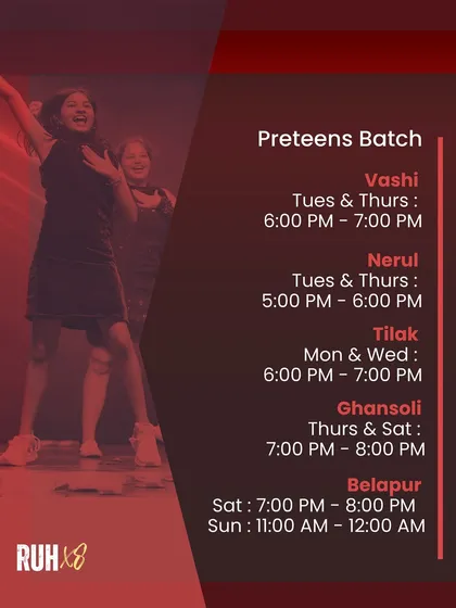 The official schedule for our Preteens performance batches across all our locations for the RUH 18 showcase. Consistent training times for our rising stars.