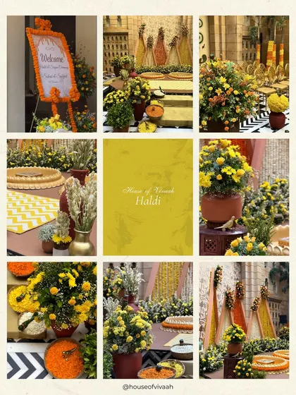 A moodboard for a traditional Haldi, bursting with sunshine yellows, marigolds, and earthy textures, showcasing a classic and joyful design concept.