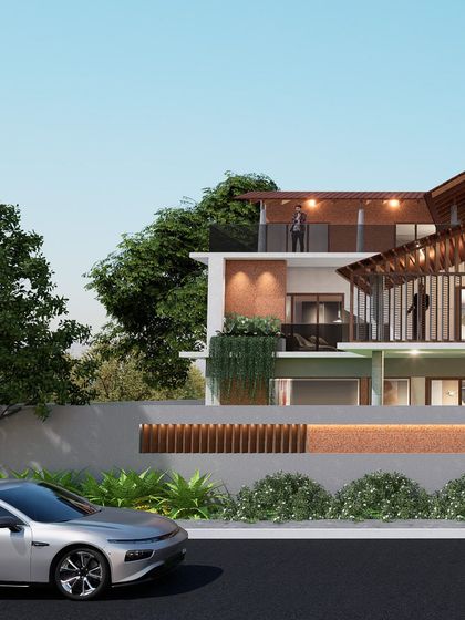 An exploration of dynamic roof forms, this design uses modular construction principles for structural efficiency. The facade combines textured plaster, wood elements, and hanging gardens to create a warm, open, and climate-responsive home.