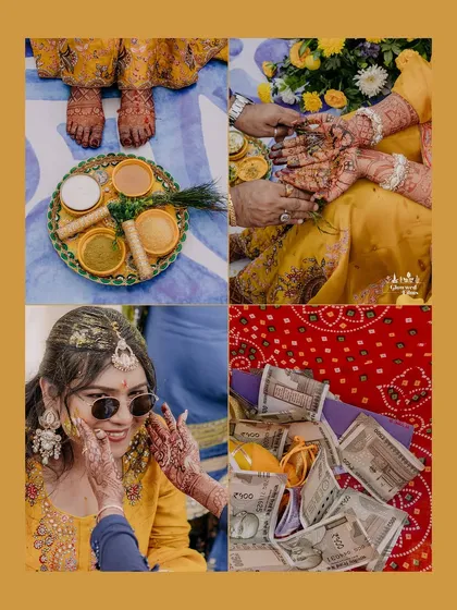 A collage of Haldi details: the turmeric paste, the bride's playful moment, and the traditional elements of the ceremony.