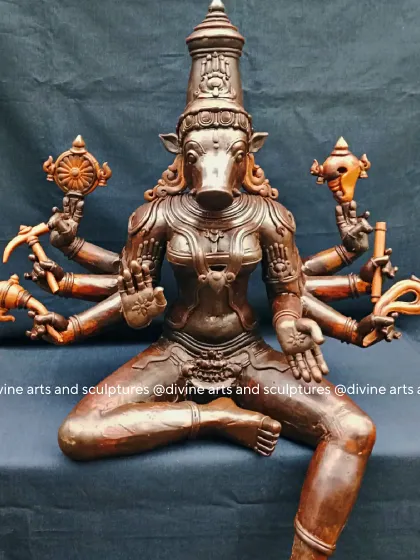 The powerful form of Mahavarahi in its wax stage. Her multiple arms and distinct iconography are all sculpted in this preliminary model, capturing her fierce yet protective nature.