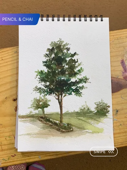 A finished watercolor study of a tree, showcasing how to use light, shadow, and varied brushstrokes to create a sense of realism and depth.