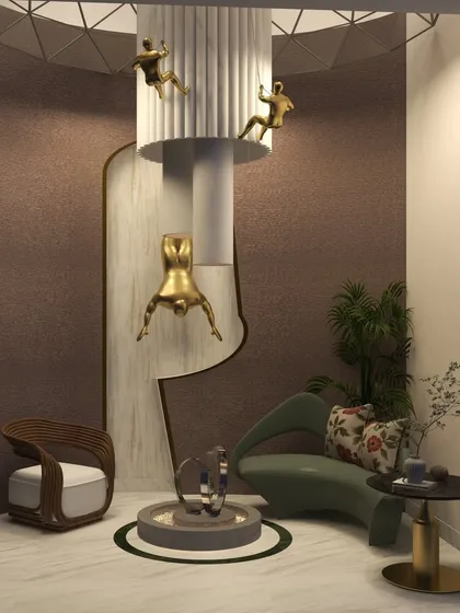 In this Delhi residence, I transformed an open area into a calming sanctuary. The design features a central water element for serenity, sculptural golden artifacts, and a custom hanging light fixture that acts as a captivating focal point, blending artistry with tranquility.