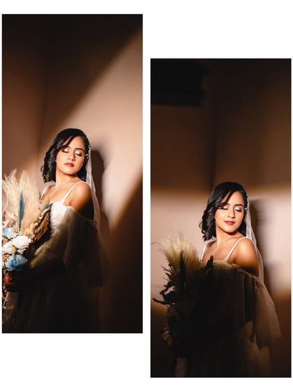A diptych of artistic bridal portraits using dramatic shadow and light. These moody shots create a sense of intimacy and highlight the bride's features.