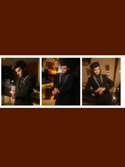 A collage showcasing the groom getting ready for the reception. The focus on his sharp suit and confident poses highlights the groom's style.