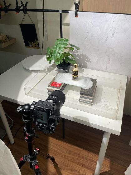 My complete setup for the face wash shoot. This image reveals how I use an acrylic box, tiles, and a simple background to create a multi-layered and professional-looking product shot.