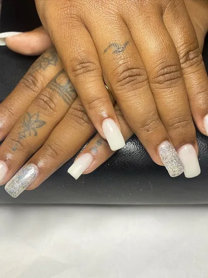 This image displays the full set of bridal extensions, highlighting the consistency across all ten nails, a key skill for professional technicians.