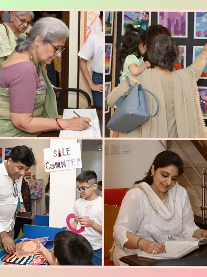 From our youngest students to longtime supporters, everyone plays a part in our exhibition. Here you can see guests signing up and children eagerly pointing out their creations.