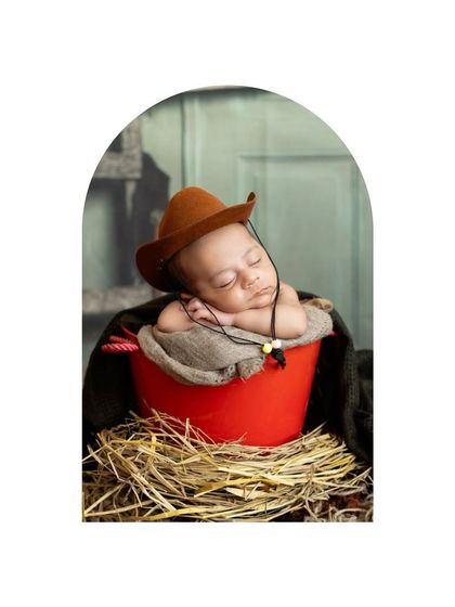 Framed like a classic western photo, our little cowboy naps peacefully in a bucket of hay. The details in the setup, from the backdrop to the props, create a complete scene.