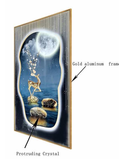 This detail shot shows the protruding crystals and gold aluminum frame of our enchanted deer painting. The 3D elements make the scene come alive with texture and light.