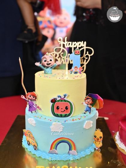 A close-up of the Cocomelon cake, ready for its big moment with the birthday candle. Every detail is crafted to bring smiles to the party.