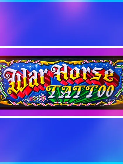 A sign for War Horse Tattoo, another commission for Nathan Glomb in California. The lettering is set against a starry night sky with floral details.
