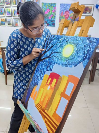 This extensive series follows a student's journey in creating a complex night-time city scene using a knife painting technique, from a blank canvas to a finished masterpiece.