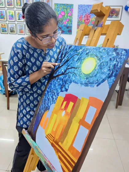 This extensive series follows a student's journey in creating a complex night-time city scene using a knife painting technique, from a blank canvas to a finished masterpiece.