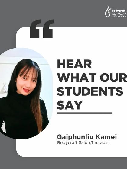 A testimonial from a proud graduate who now works at Bodycraft Salon, thanking the academy for the excellent training and career opportunities.