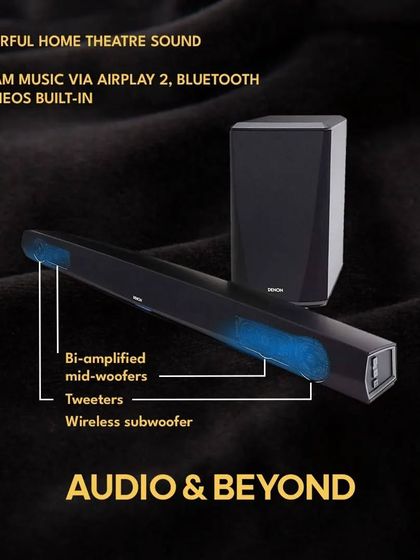 An infographic detailing the features of this Denon soundbar. It highlights the bi-amplified mid-woofers and tweeters, the wireless subwoofer, and the ability to stream music, all contributing to powerful home theater sound.