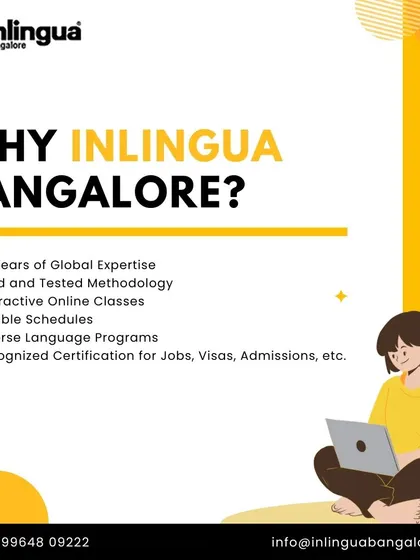 This graphic summarizes why students choose inlingua Bangalore. We combine 50 years of global expertise with a proven methodology, interactive online classes, flexible schedules, and recognized certifications to help you achieve your language goals for jobs, visas, or university admissions.