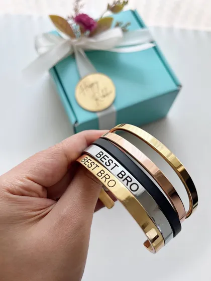 My personalized Rakhi bracelets are a modern alternative to traditional rakhis. Made of stainless steel, they are a keepsake he can wear all year long.