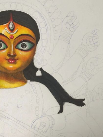 The very first stage of the Durga Maa piece, with only the face and hair colored in. This shows how I build up layers of color from the focal point outwards.
