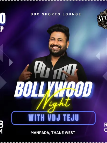 A clean and sharp poster for a "Bollywood Night" at BBC Sports Lounge, highlighting me as the featured VDJ.