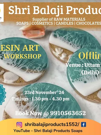Beyond candles, I also teach the beautiful craft of resin art. This poster is for one of my hands-on offline workshops where you can learn to create stunning beach-themed coasters and other decorative items.