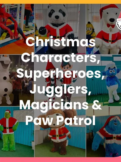 A collage of the many Christmas characters, superheroes, jugglers, and mascots that bring my events to life.