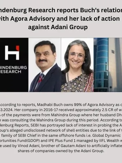 Hindenburg's report highlights Buch's company's financial ties and alleges a lack of interest from SEBI in probing the Adani Group's alleged network of shell entities.