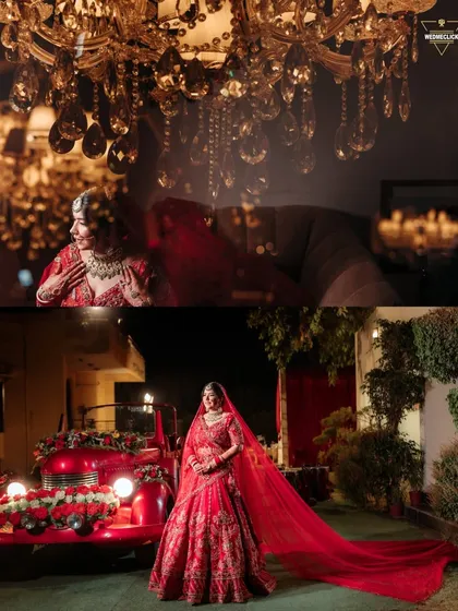 A collage showing the bride posing by a vintage red car and under a crystal chandelier, highlighting her glamorous style.