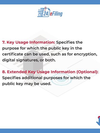 The certificate specifies the purpose for which the public key can be used, such as for encryption or digital signatures. It may also include information for extended key usage.