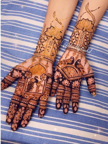 A stunning bridal design with peacocks, lotuses, and palanquins, perfect for a traditional wedding.