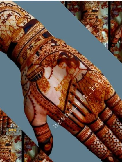 A collage showing a detailed Diwali-themed design. It features a woman holding a pot and diya, with auspicious symbols like the Swastika and Kalash.