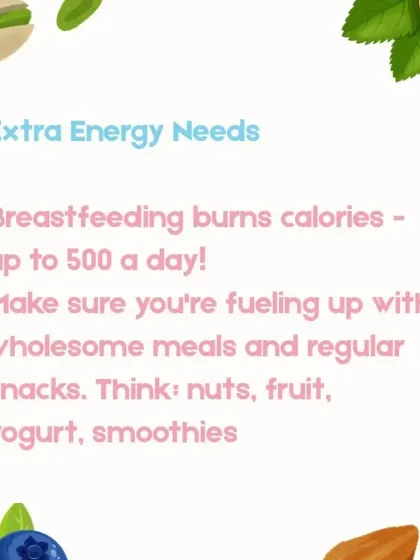 Breastfeeding requires significant energy, burning up to 500 extra calories a day. We guide you on fueling your body with wholesome meals and healthy snacks like nuts, fruits, and yogurt to maintain your energy levels throughout the day.
