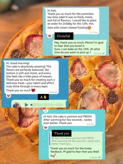 I'm so grateful for the wonderful feedback on my tea-time cake. Clients often tell me it's fresh, moist, and perfectly balanced in flavor.