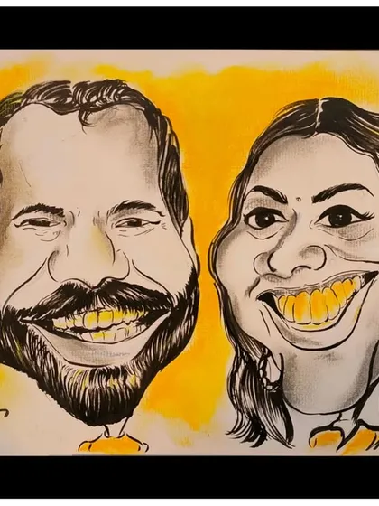 A quick, expressive caricature of a couple, drawn live at an event. The bold yellow background makes their happy expressions pop, creating a memorable and fun piece of art.