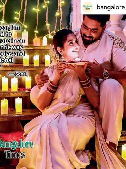 A beautiful feature in Bangalore Times for Diwali. I curated these coordinated gold-painted white outfits for the stunning couple, Tharun and Sonal, for their first festival after marriage.
