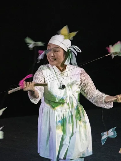 Another dynamic shot of the butterfly dance from 'Puppet Fantasy', showcasing the performer's skill and the beauty of the object puppetry.