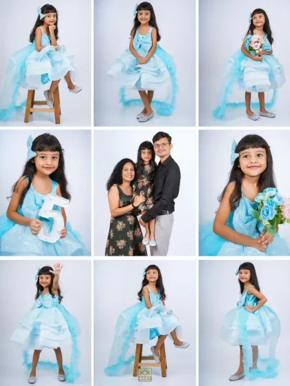 A beautiful collage celebrating a fifth birthday. It includes a variety of poses, a portrait with parents, and highlights the number five.